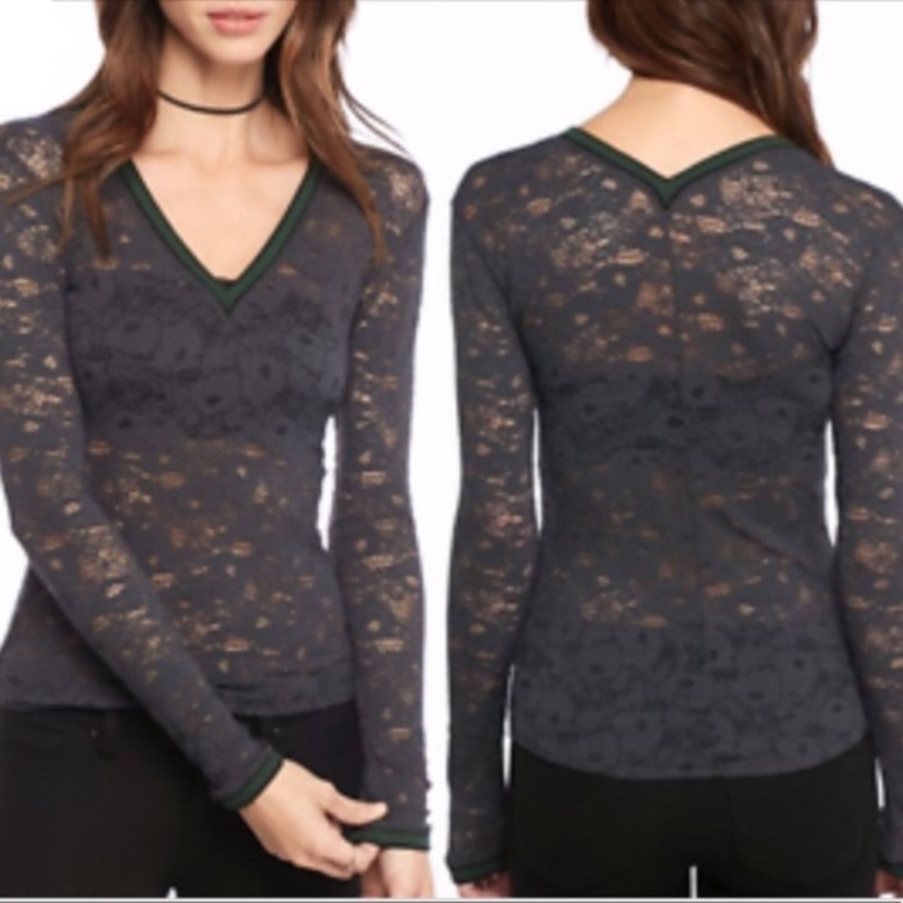 Free People NWT V-Neck Blue-Gray & Green Lace Shirt - Size Sm. STUNNING!